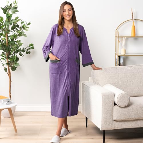 PAVILIA Premium Womens Robe Housecoat, 3/4 Sleeves Zip Up Nightgown For Women Pockets, Soft Bathrobe Zipper Loungewear Dress2