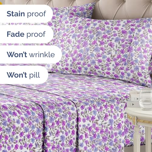 Image of Full 4 Piece Floral Sheet Set - Soft, Breathable & Cooling - Purple Bloom