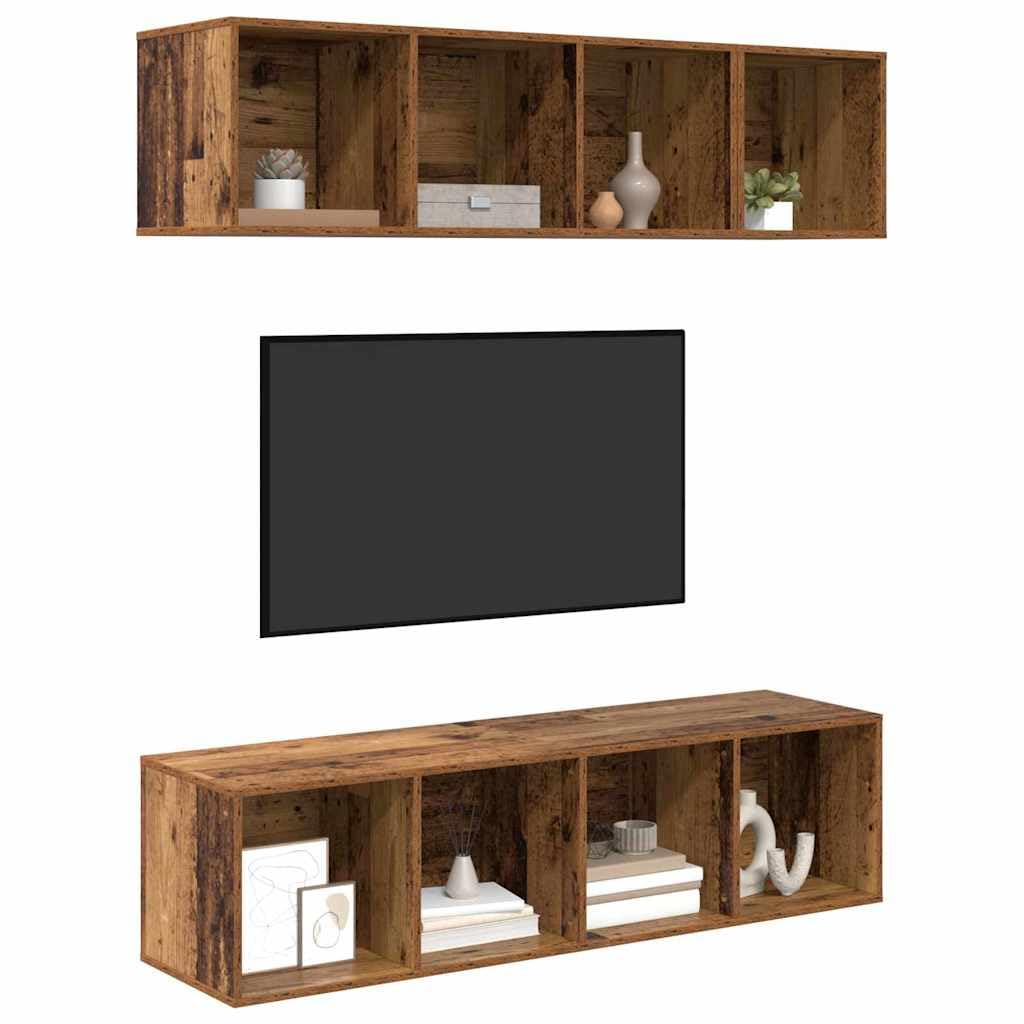 TV-Schrankset Wandmontiert 3er-Set, Altholz Holzwerkstoff, Modernes Design, 37x37x142,5 cm, für Wohnzimmer, Media Center, Stauraum