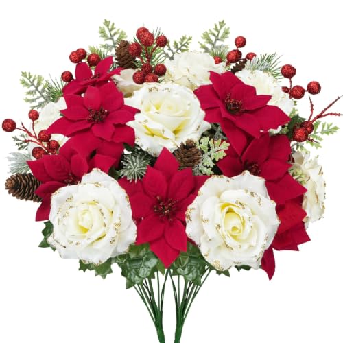 2pcs Christmas Flowers Poinsettia Flowers Artificial 17inch Poinsettias