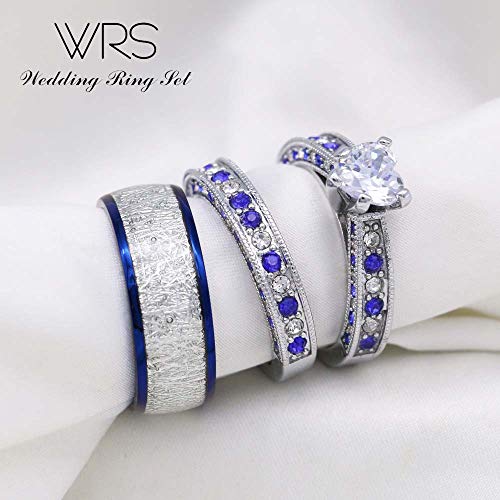Two Rings His Hers Wedding Ring Sets Couples Matching Rings Women's 2pc White Gold Filled Heart CZ Wedding Engagement Ring Bridal Sets Men's Stainless Steel Wedding Band4