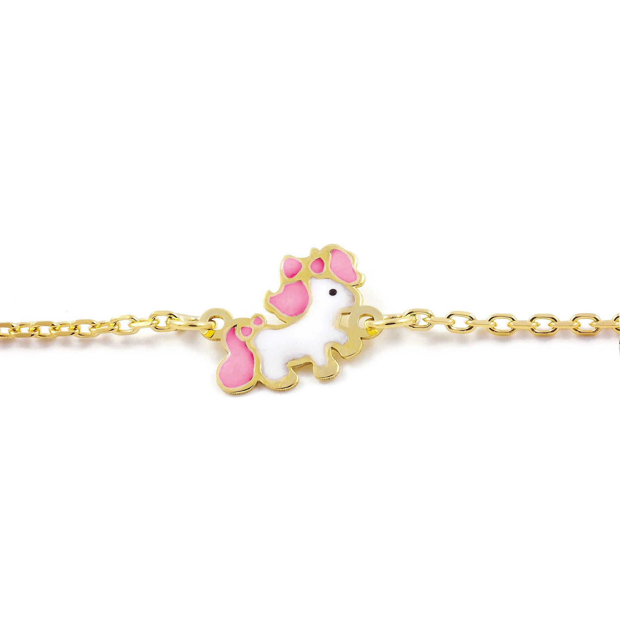 Monde Petit Bracciale bambina unicorni smaltato - oro giallo 9k (375) - Scatola Regalo - Certificato di garanzia
