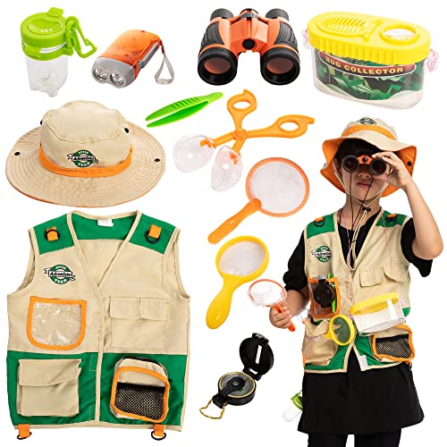 JOYIN Kids Outdoor Explorer Kit and Bug Catcher Toys (Vest, Hat, Binoculars, Flashlight, Magnifying Glass, and Compass) for Indoor or Outside Exploring, Kids Camping Gear, Kids Gift for Boys & Girls
