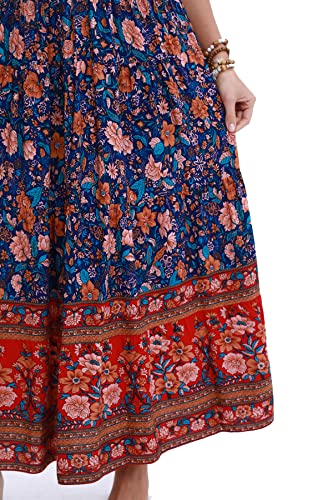 Image of OSTOO Women's Floral Maxi Dress Boho Summer Short Sleeve Smocked Waist Tiered Long Dress