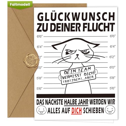 Werfunee Abschiedskarte Kollegen A6(mit Umschlag und Wachssiegel) - Karte Abschied Kollege - Herzlichen Glückwunsch zu Deiner Flucht - Abschiedsgeschenk Kollegen (Abschiedskarte1(Faltmodell))