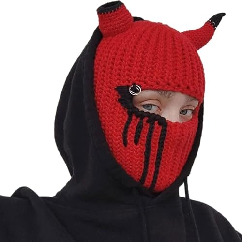Funny Horns Creative Knitted Hat Beanies Warm Full Face Cover Ski Mask Hat Windproof Balaclava Hat for Men Women (Red Black Stripe,One Size)
