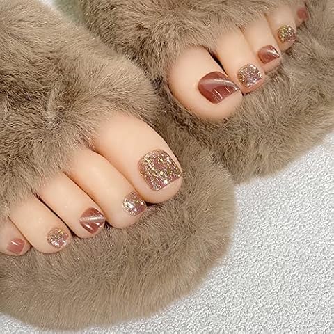Toe Nail Press ons, Press on Toenails for Women Short Square Glossy Claret Fake Toenails with Glitter Luxury Design Fake Toe nails Manicure Cat Eye Toenail Press on nails 24Pcs Cover