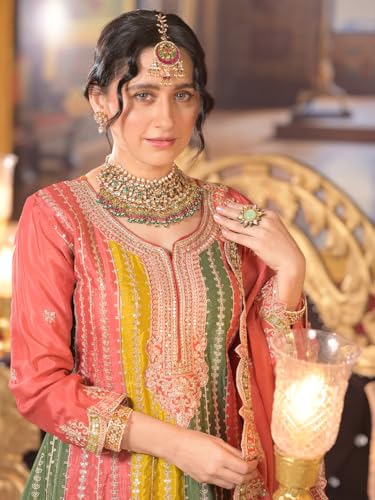 Image of INDA ERA Women's Multi Silk Blend Embroidered A-Line Kurta & Palazzo with Dupatta Set (KH9ML6654)