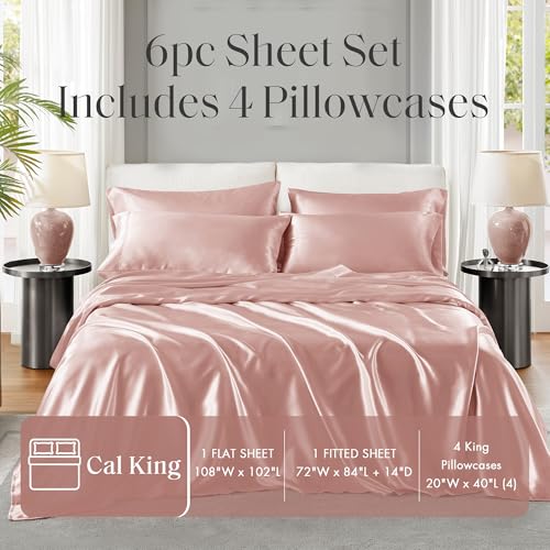 Image of Madison Park Essentials Satin Sheets Cal King Size Bed Set, 6 Piece, Blush | Luxury and Smooth Silky Bedding with Natural Sheen, All Around Elastic 14 inch Pocket fits up to 16 inch Mattress, Year-Round Cozy