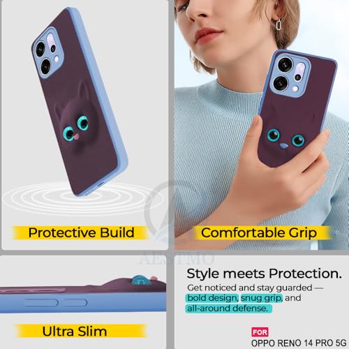Image of AESTMO Back Case Cover for Oppo Reno 14 Pro 5G Back Cover | 3D Cat Cover | Leather Finish | Full Body Protection | Camera Protection Back Cover for Oppo Reno 14 Pro 5G (Purple)