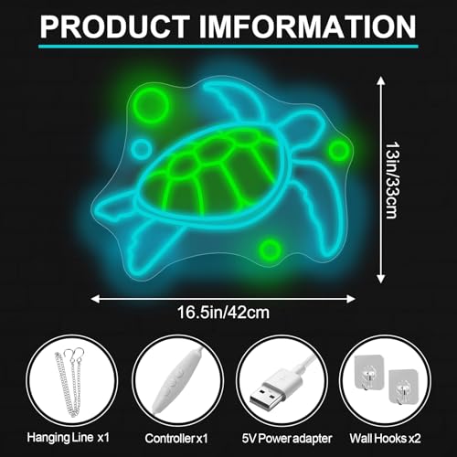 Image of Ocean Turtle Neon Sign, Cute Turtle LED Sign, 16.5 inchx13 inch, Green, Acrylic, Wall Mount, Modern, Animal, Portrait