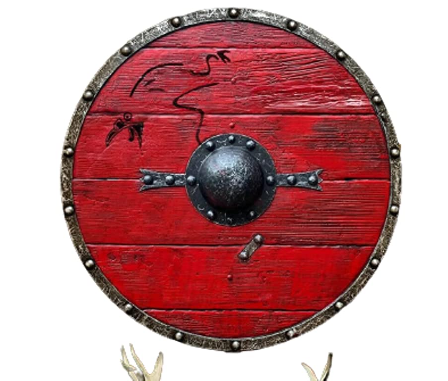 UNIQUE MART Medieval Viking Shield Ragnar Lothbrok Wooden Round Shield Steel Costume Prop, Red, 24 Inch