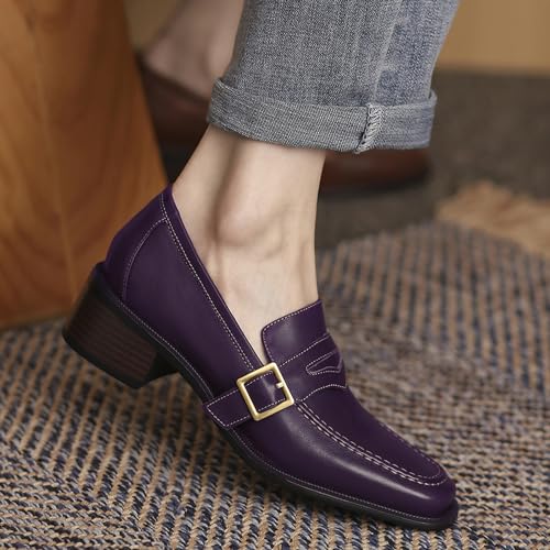 Image of MOOMMO Women Chunky Heel Penny Loafers Square Toe Buckle Slip On Comfort | Office Ladies Loafer Pumps 2 inch Stacked Block Heel Dress Loafers Oxfords Walking Dress Shoes Casual Size 4-11 M US