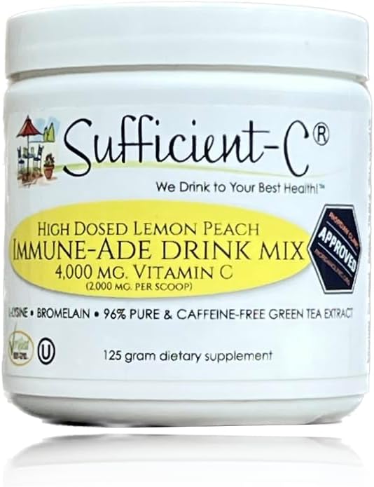 Sufficient-C High Dose Non-GMO Vitamin C Lemon Peach Immune-Ade Drink Mix, Convenient 125 Grams - with L-lysine, Bromelain and a Premium 96% Pure Green Tea Extract - immune, thyroid and collagen support for healthy skin - UTI, acne, cold and canker sore, stomach friendly, energy support