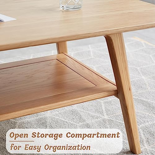 Bamskov Wood Coffee Table - 100% Solid Oak Wood - Double Storage Coffee Table, Eco-Friendly Finish Center Table - Easy Assembly (Natural, 31.49\" D x 19.68\" W x 17.32\" H)