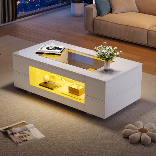 Merax Moderner Couchtisch Weiß 100x50x35cm mit LED-App-Steuerung, Wohnzimmertisch & Beistelltisch Couch, 2 Ebenen Stauraum, Wohnzimmer möbel, höhenverstellbar Coffee Table – Bild 6