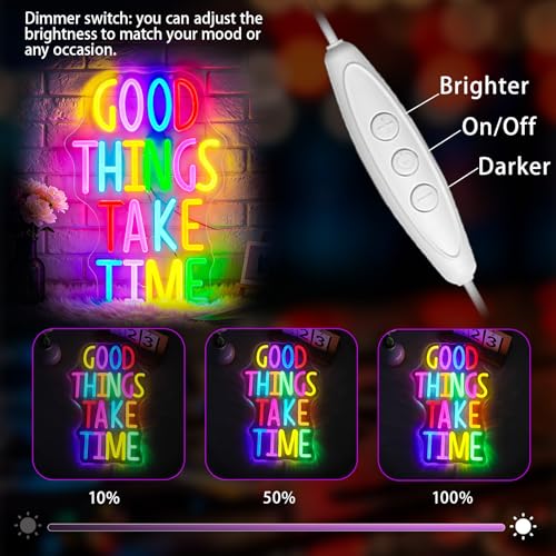 Image of Neon Sign, Good Tings Take Time Neon Signs for Wall Decor - Dimmable Motivational LED Signs for Bedroom, Living room, Offices, Home Decor - USB Powered Light Up Sign Decorations Gift
