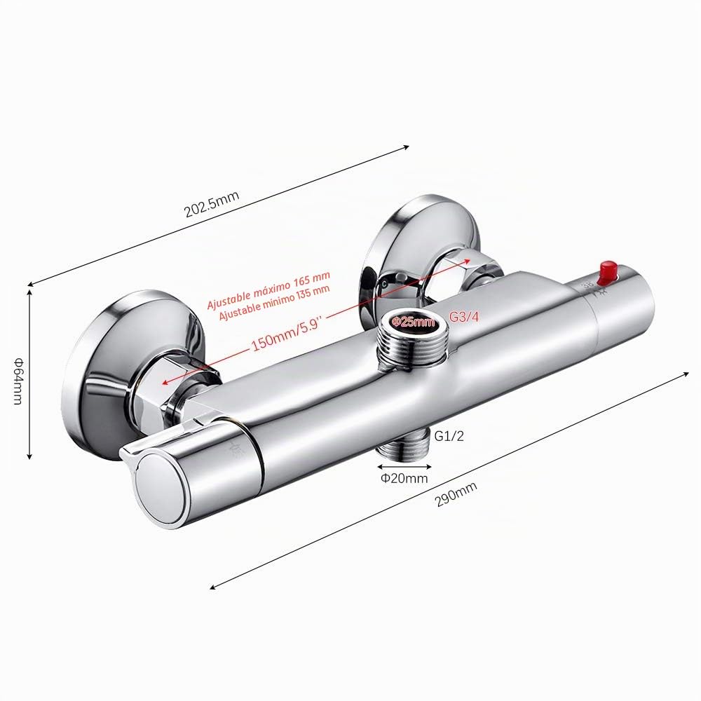 Keyohome Mezclador Termostático para Ducha, 2 Salidas, Latón Cromado, Antiquemaduras, Baño tamaño de Entrada: G 3/4 ", tamaño de la Salida: G 1/2"