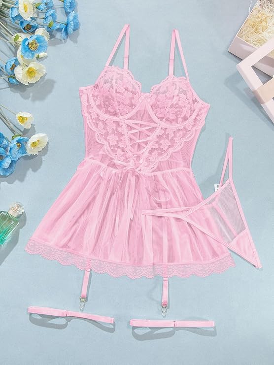 Image of Lilosy Sexy Garter Belt Mesh Lace Babydoll Lingerie Dress Set with Thong