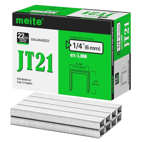 Image of meite JT21 Staples, 1 /4 Inch Galvanized Fine Wire Staples for Staple Gun - 5,000 Counts, 7 /16 inch Crown JT21 Staple Refill, Ideal for Upholstery, Crafts, Furniture