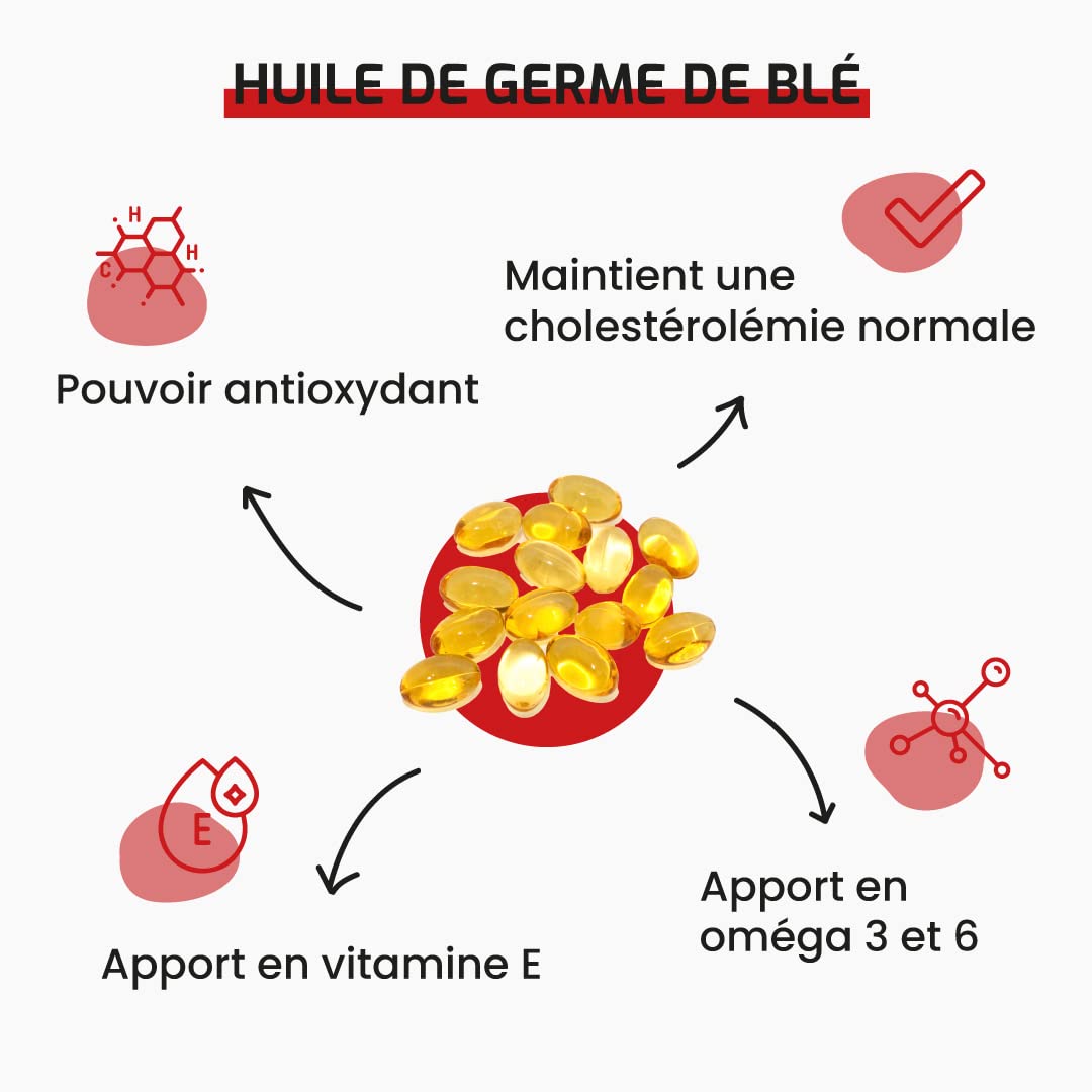 Complément alimentaire HUILE DE GERME DE BLÉ - 60 capsules - Maintient un taux normal de cholestérol - Antioxydant - Développé en France