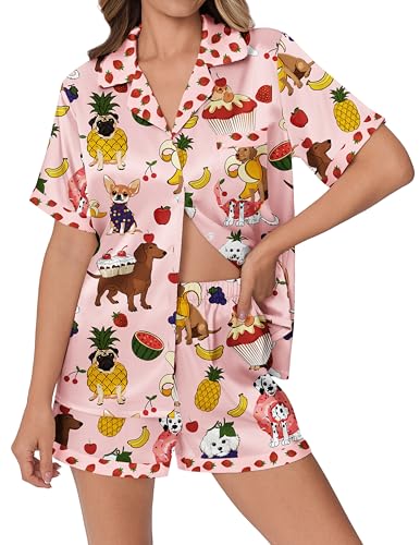 Ekouaer Womens Silk Satin Pajamas Set Animals Print Pjs Button Down Short Sleeve Lounge Set 2 Piece Sleepwear Pink Puppy M