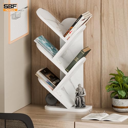 Image of SBF Furniure 5-Tier Modern Tree Bookshelf - Freestanding Black Bookcase for Home & Office | Space-Saving Vertical Display Shelf for Books, Decor & Plants (White)
