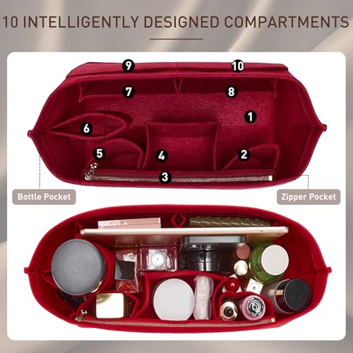 Image of Doxo Purse Organizer Insert for Handbags & Base Shaper 2pc Set, Felt Neverfull MM Organizer Insert, Tote Bag Organizer with Zipper and Bottle Holder, Fit Speedy 30 Neverfull MM and More,Burgundy-L