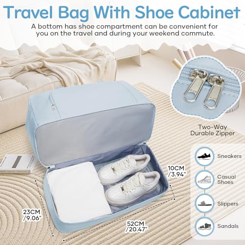 Image of Travel Duffle Bag,Weekender Bags for Women with Shoe Compartment Personal Item Travel Bag Carry on Overnight Bags For Airplanes Gym Duffel Bag with Wet Pocket Hospital Bag for Labor and Delivery Blue