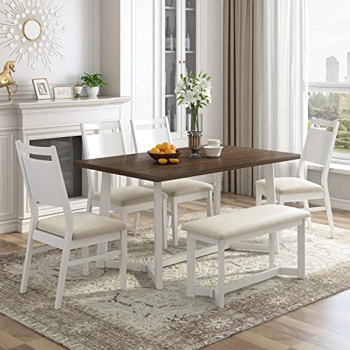 Farmhouse 6-Piece Wood Dining Table Set with 4 Upholstered Chairs