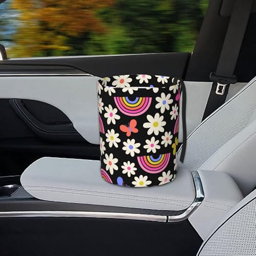 Image of Car Trash Bag Rainbow and Flowers Waterproof Trash Small Car Can Portable Collapsible Car Garbage Can Hanging for Back Seat Floor or Hanging Headrest Car Decor Road Trip Essentials