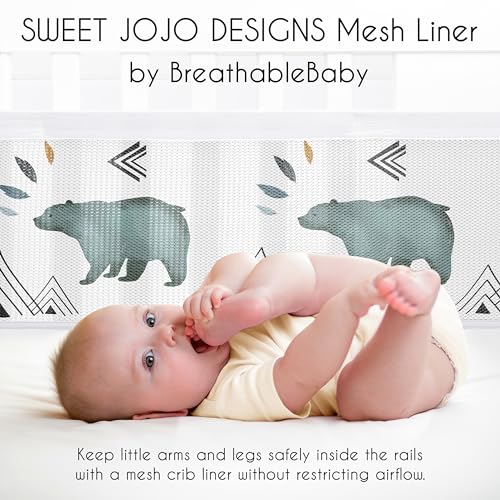 Image of Sweet Jojo Designs + BreathableBaby Bear Mountain Boy Breathable Mesh Crib Liner Baby and Infant - Slate Blue Black and White Woodland Forest Mountains Arrows