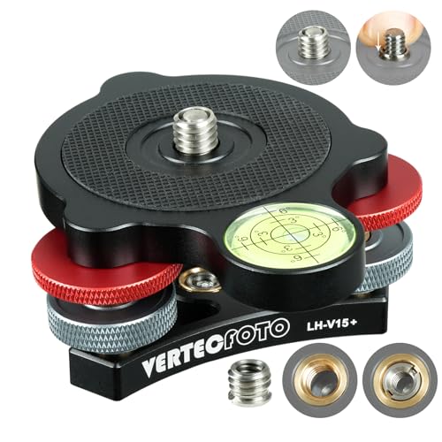 VERTECFOTO Upgraded+ Tripod Leveling Base :Support 1/4 and 3/8 Both on top and Bottom Bigger Bubble Level w/Crosshair Fine Leveling Faster; Enlarged Lock knobs Lock Easier ; Max Load 33 Ib