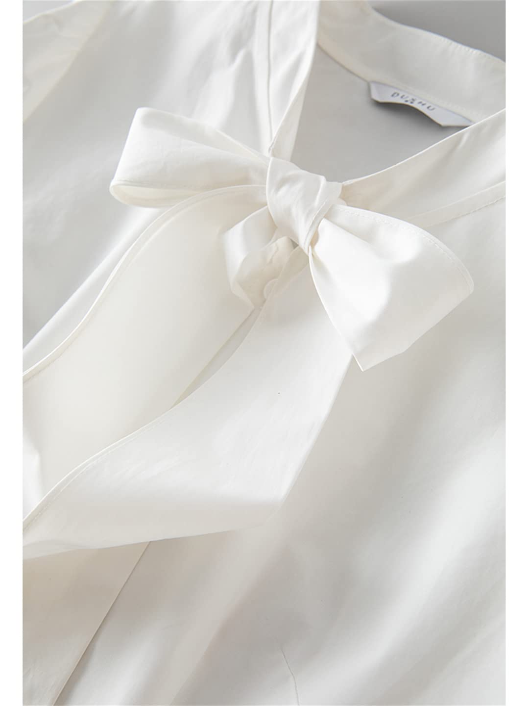 Blusas Blancas de Manga Corta con Cuello de Pajarita para Mujer Camisas Informales de algodón para Mujer de Oficina con Encaje Recto