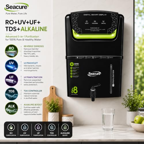 Image of Seacure Aqua i8 RO Water Purifier | RO + UV + UF + Copper Alkaline + TDS Adjuster | 10 Stage Purification | High TDS | Inbuilt TDS Adjuster | Fully Automatic Function | 12L Tank | 1 Year Warranty
