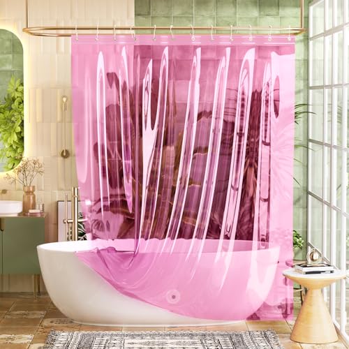 Image of Bathway Shower Curtain Liner Pink Clear Shower Curtain Liner 72x72 PEVA Waterproof Shower Curtain Liner Plastic with 3 Magnets and 12 Rustproof Metal Grommets, Lightweight Shower Liner for Bathroom