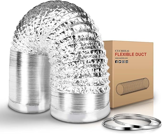 Manguera de ventilación de secadora de 4 pulgadas y 8 pies, conductos de 4 pulgadas, conducto flexible de papel de aluminio, con 2 abrazaderas
