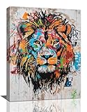 Olivine Lion Wall Art, Banksy Animal Pictures Wall Decor, Graffiti Lion Painting, Street Art Wildlife Canvas Prints,Framed Artwork for Bathroom Bedroom Living Room Office Home Decoration 16'x12'