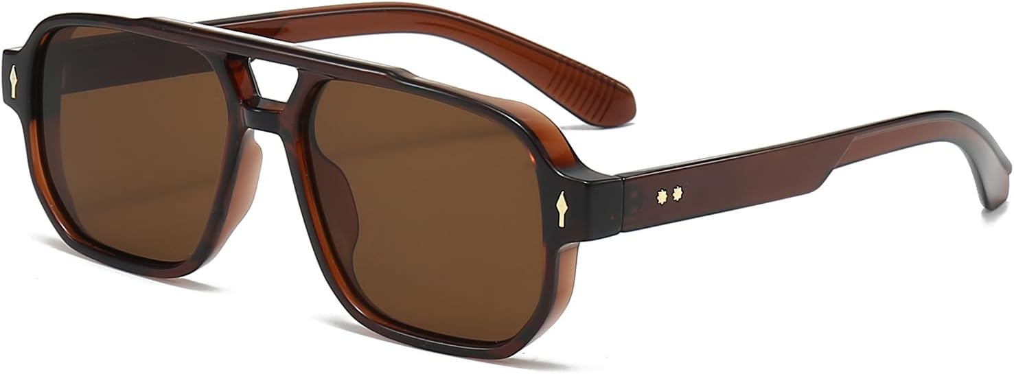 YAMEIZE Pilot Double Bridge Rectangle Sunglasses – 70s Retro Classic Square Eyewear UV400 Protection Driving for Women Men