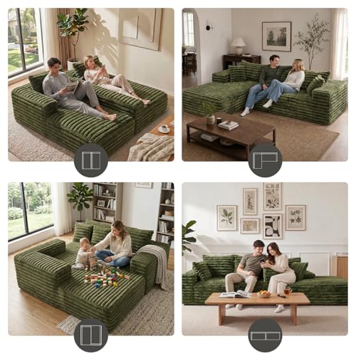 Image of 2 inch Corduroy Boneless Couches for Living Room, L Shape Sofa with Chaise | 102.4 inch Modular Sectional Sofa, Cloud Couch Sectional with Deep Seat, No Assembly, Green, Left Chaise