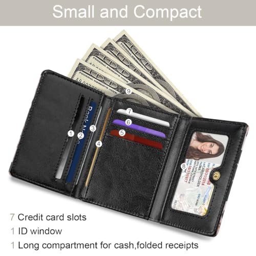 Image of Champagne Rose Flower Small Wallet Women, RFID Blocking Trifold Wallet, Cute Credit Card Holder with Kaychain, Credit Card PU Leather Wallets, 7 Card Slots, ID Window, Wallets for Women Ladies Girls