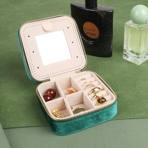 Image of Plush Velvet Travel Jewelry Box,Case,Organizer with Mirror,Green,1 Pcs