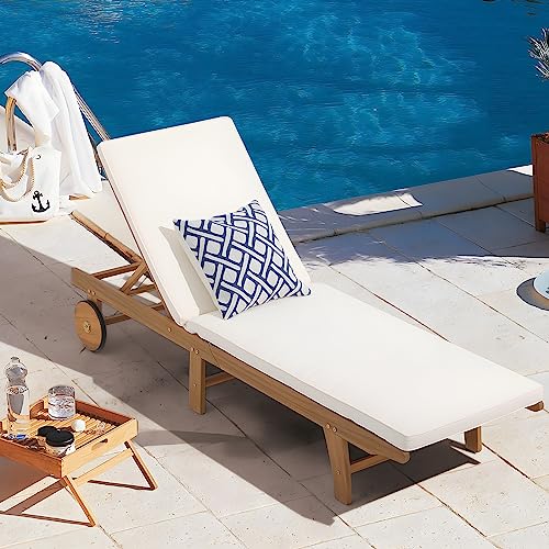 Image of Patiorama Patio Acacia Wood Chaise Lounge Chair, Pool Chair, Cream | Foldable Lounge Chair Recliner with Adjustable Backrest, Wheels,Padded Cushion Portable Sun Lounger for Pool, Deck, Lawn
