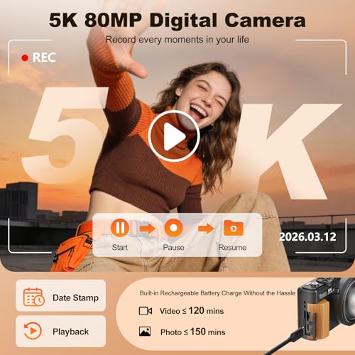 Image of 5K Digital Camera,80MP Digital Camera for Photography with 12X Optical Zoom