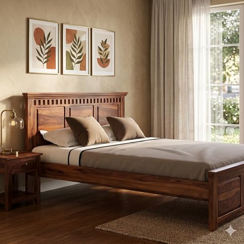 Image of Sheesham Wood Queen Size Bed Without Storage | Solid Wooden Cot Bed | Double Bed Furniture for Bedroom Living Room Home - Q 04 (Honey Teak Finish 001)