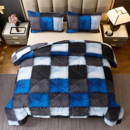 Image of Caressma Plaid Comforter Set Black and Navy Blue, Twin Size Black and White Checkered Comforter Bedding Set, Fluffy Black Grid Home Decor for All Seasons