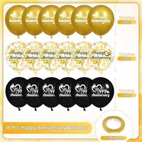 Happy Anniversary Balloons 18Pcs Black Gold Anniversary Party Decorations for Women Men Gold Silver 12Inch Metallic Confetti Anniversary Balloons for Indoor Outdoor Party Supplies - Image 8
