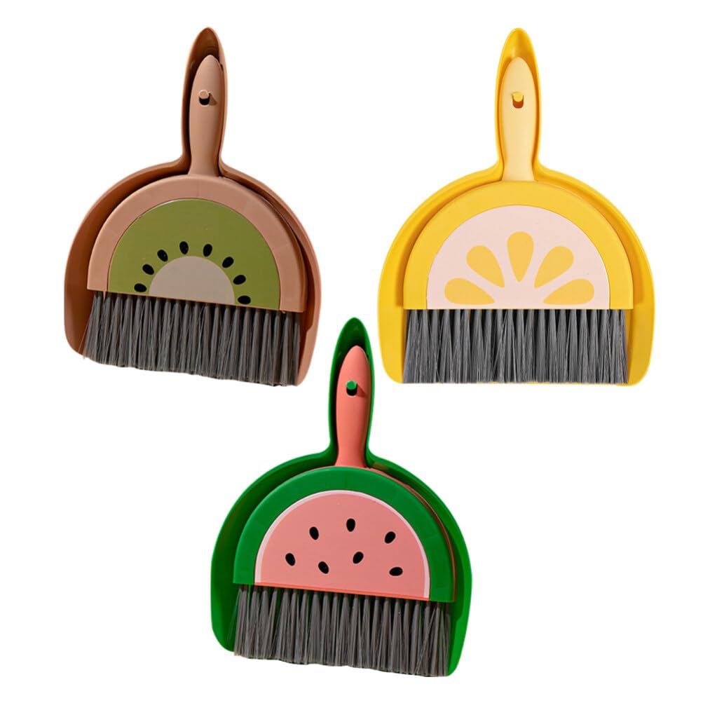 Cabilock Mini Dustpan and Brush Set: 3 Sets Fruit Desktop Sweep Broom Mini Cleaning Broom Dining Table Sweeper Cleaning Tool for Sofa Desk Car Trunk Seats Pets House Cleaning