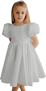 Satin Flower Girl Dress for Wedding Bow-Knot V-Back Dresses Puff Sleeve Jewel Neck Princess Party Long Ball Gowns