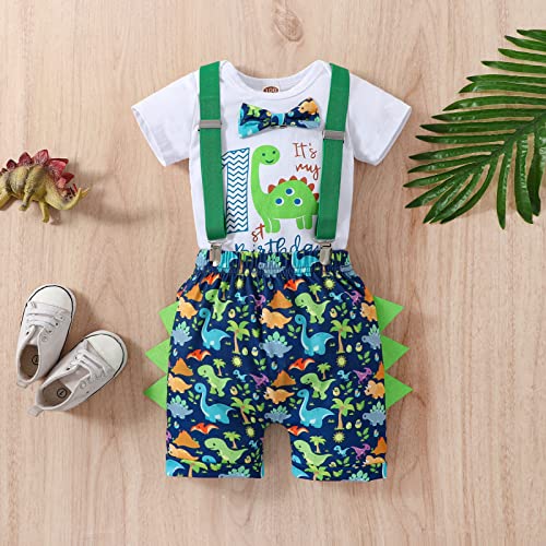 Baby Boys 1st Birthday Outfit Cake Smash Bow Tie Romper Dinosaurs Bodysuit Bloomers Y Back Suspenders Pants Set2